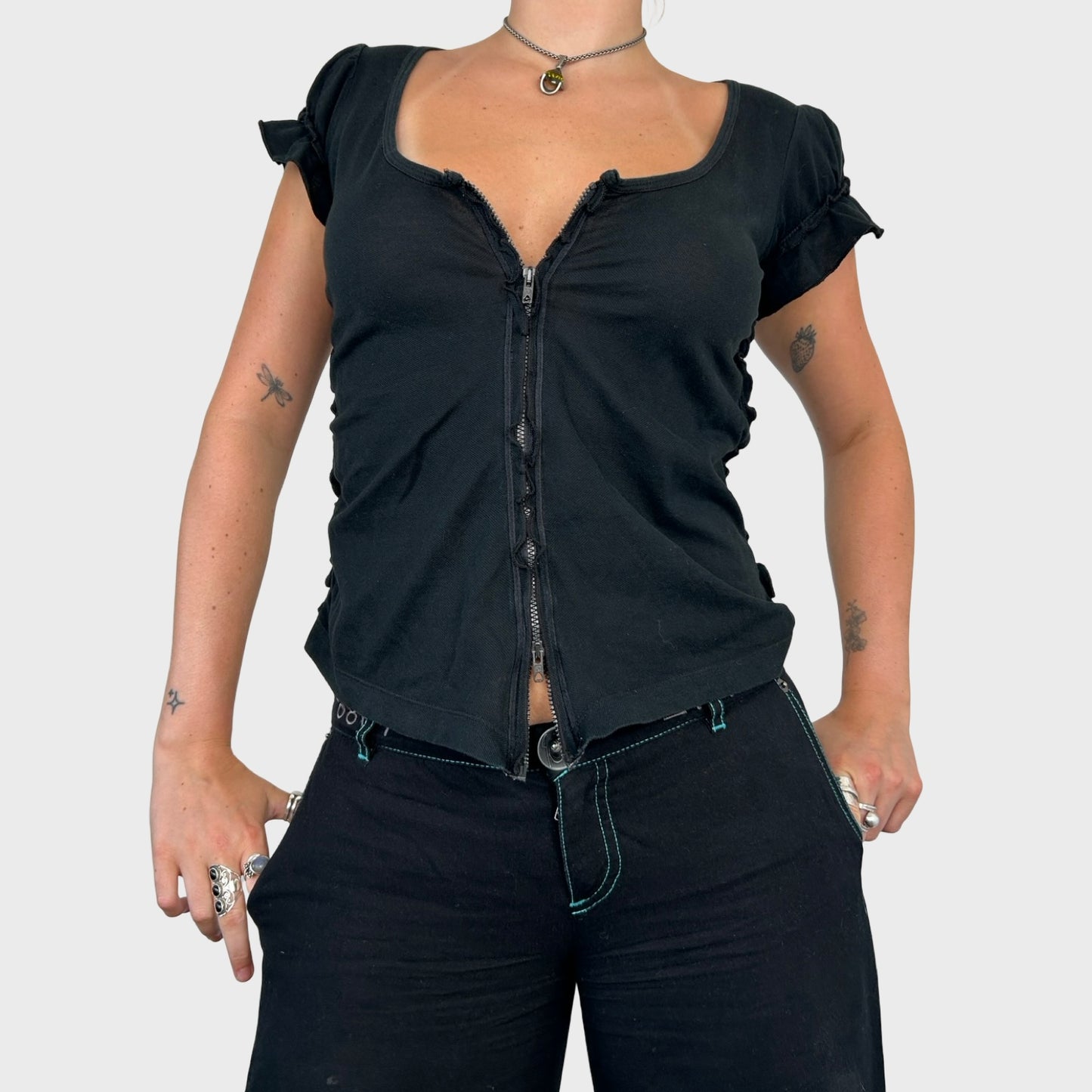Cop Copine Black Ruched Double Zip Top - M