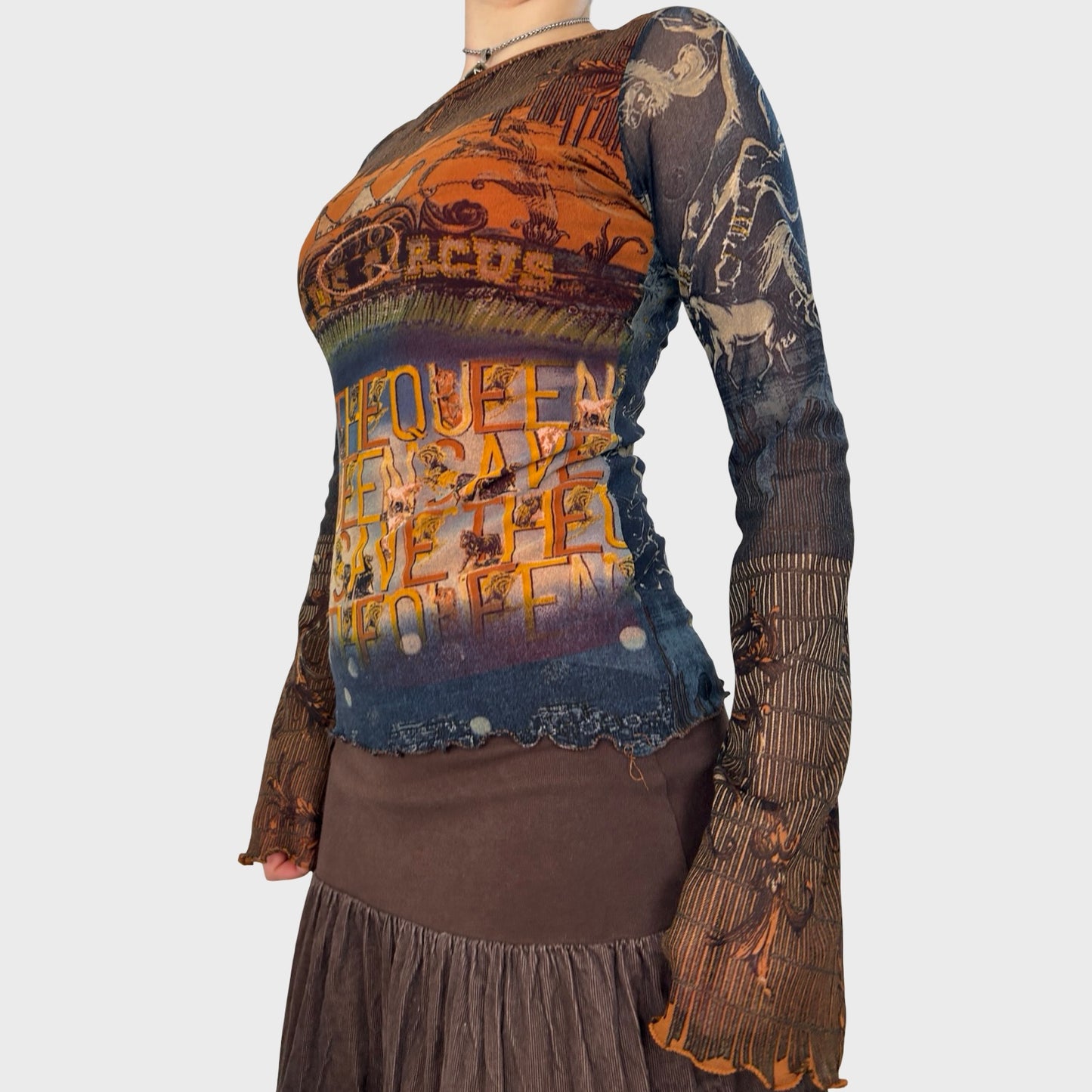 Save The Queen Graphic Mesh Long Sleeve Top - S/M