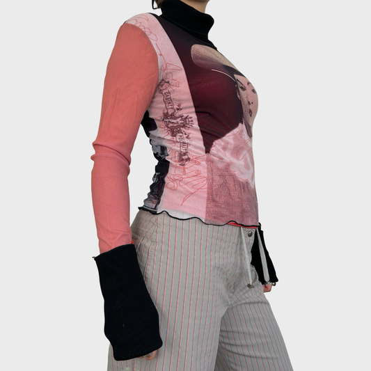 Rare Cop Copine Avant-Garde Clown Print Mesh Turtleneck Top - M