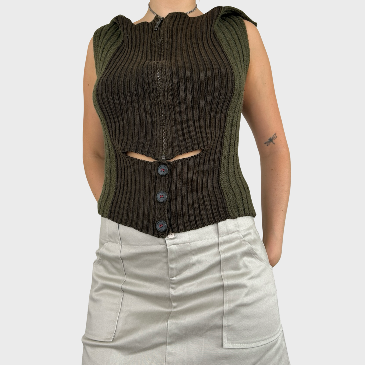 Cop Copine Khaki Zip Button Knit Top - L