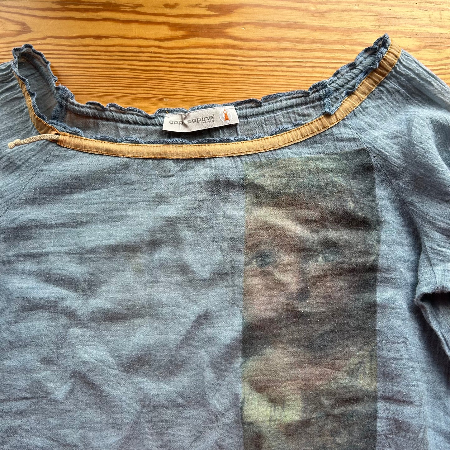 Cop Copine Blue Sheer Renaissance Portrait Print Top - S