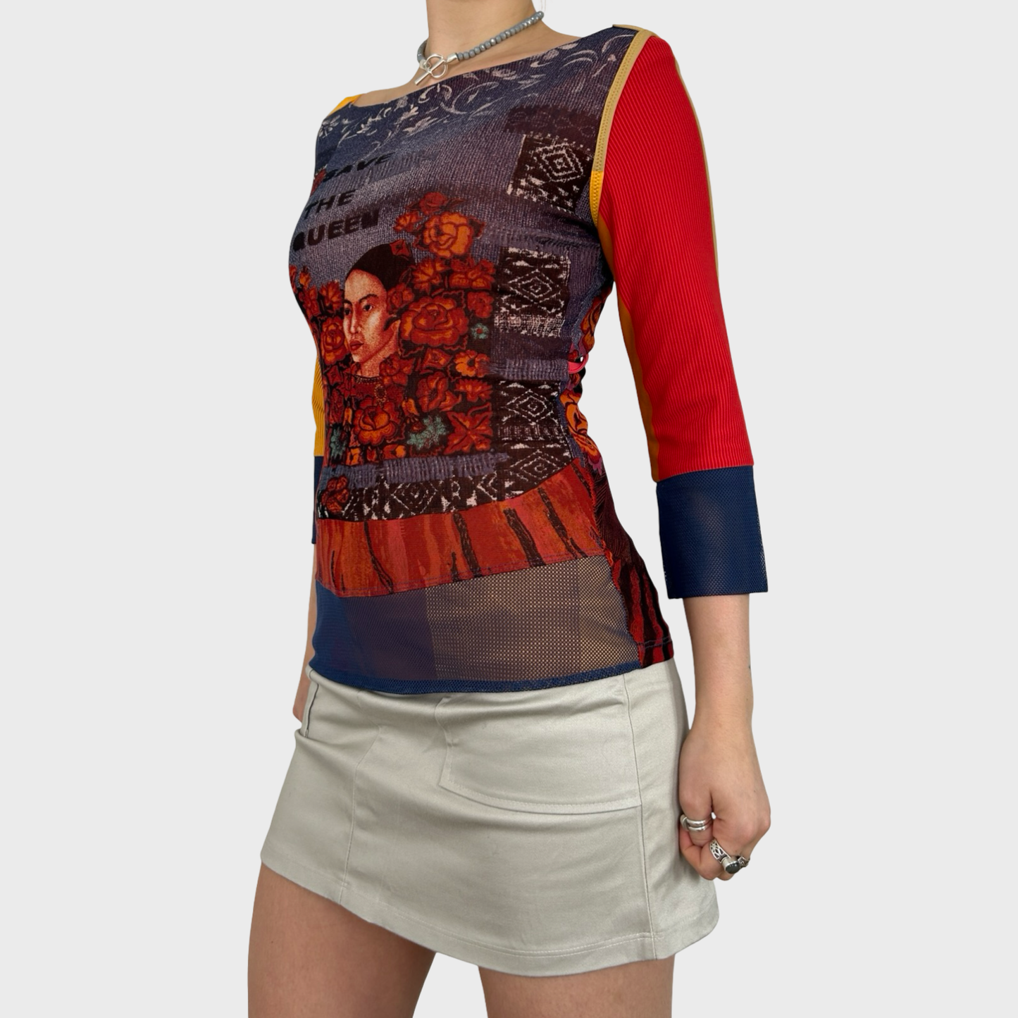 Save the Queen Graphic Face Print Mesh Top - S/M
