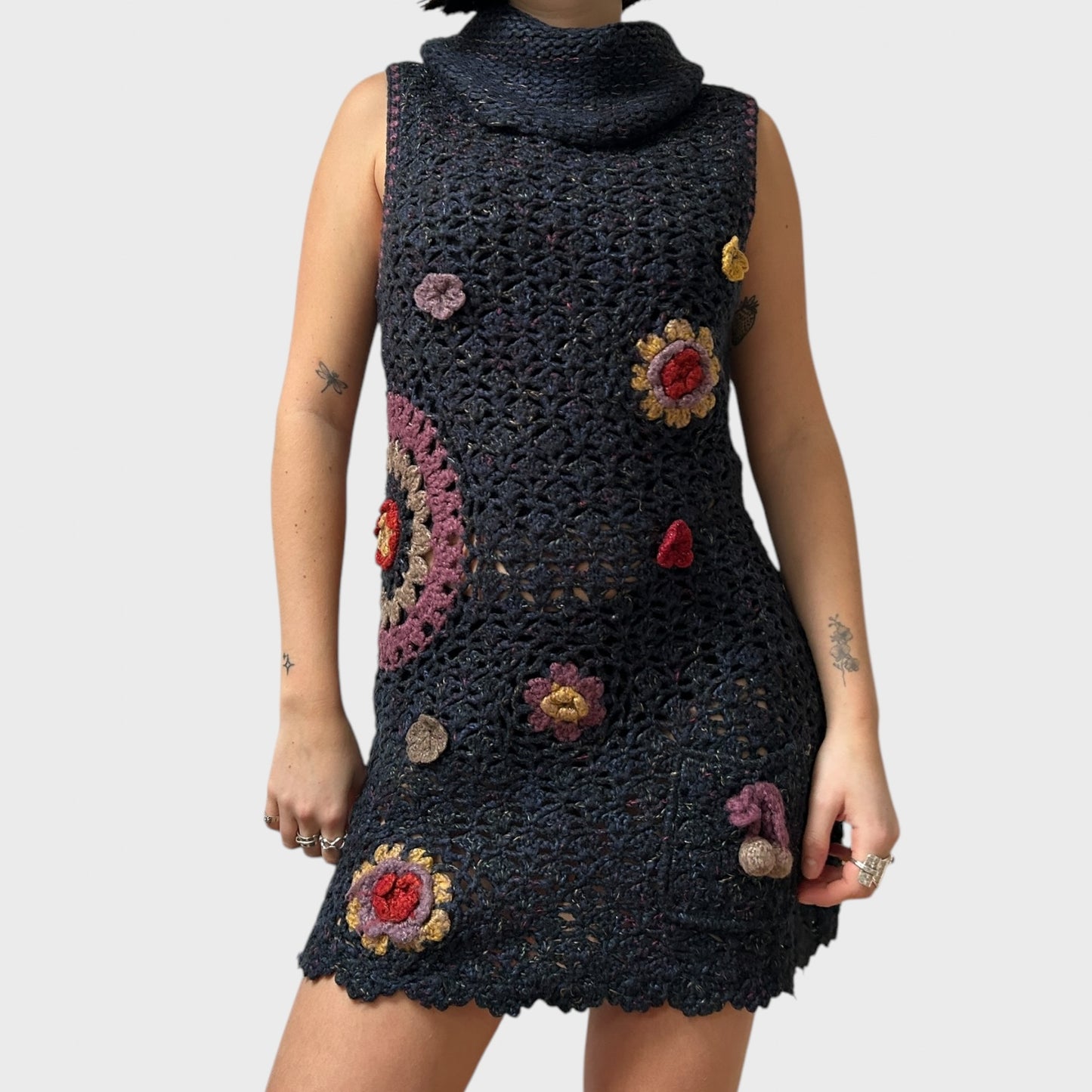 Vintage Chunky Knit Floral Crochet Mini Dress