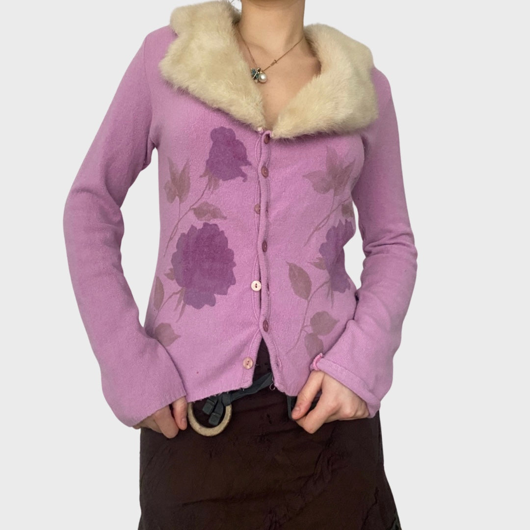 Italian vintage lilac fur trim cardigan