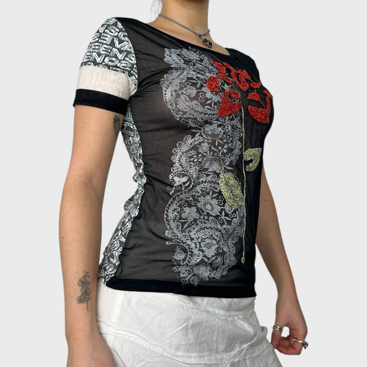 Save the Queen Graphic Mesh Top - M