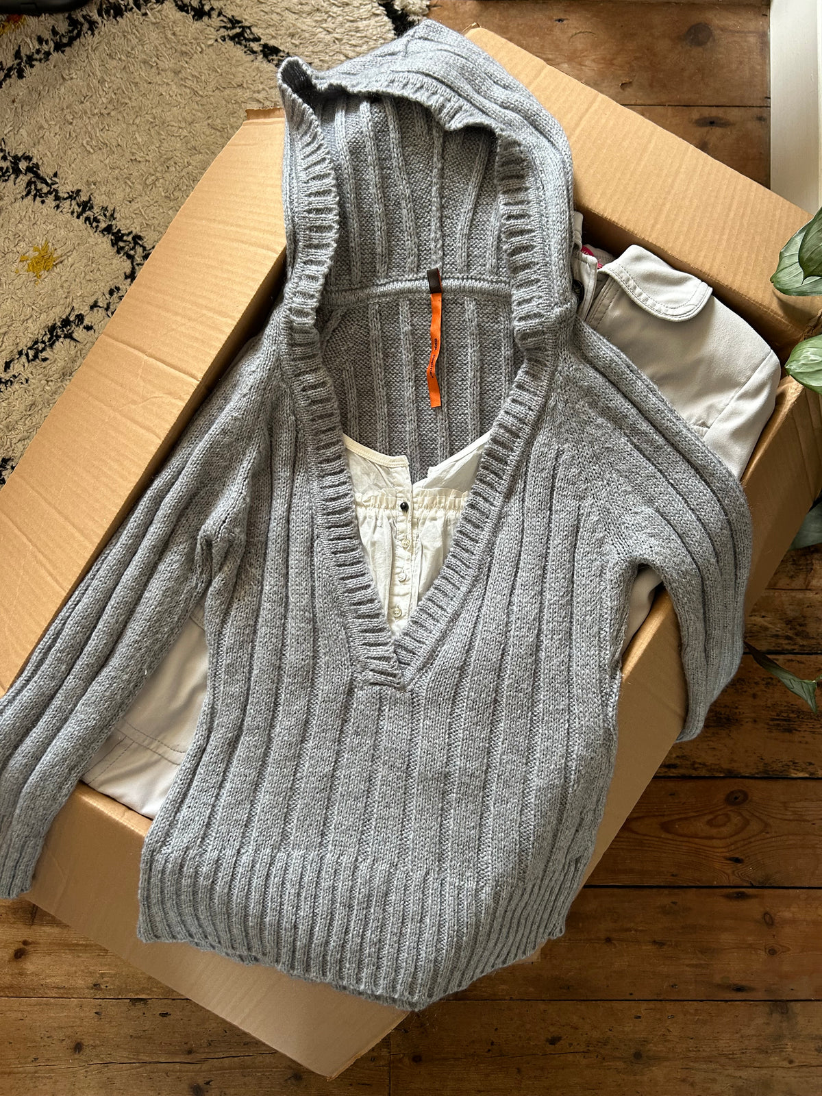 Cop Copine Grey Ribbed Knit Hooded Jumper - M