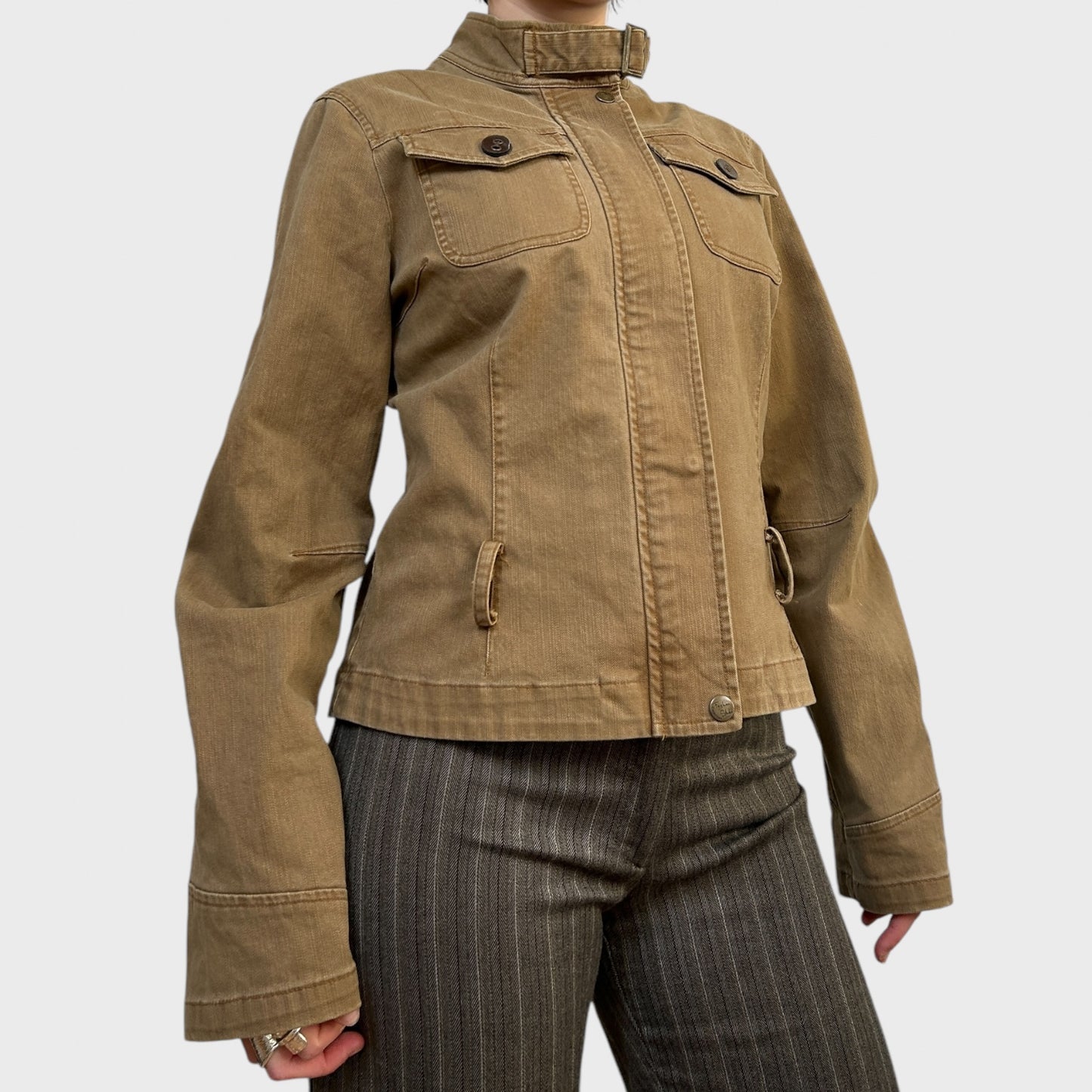 Tan Zip-Up Jacket with Buckle Details