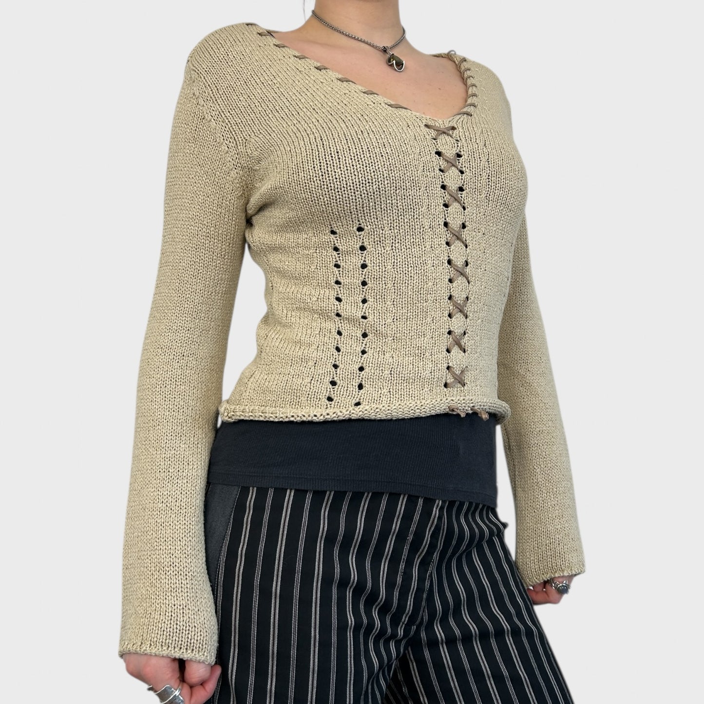Roberto Cavalli Beige Knit Lace-Up Jumper - S