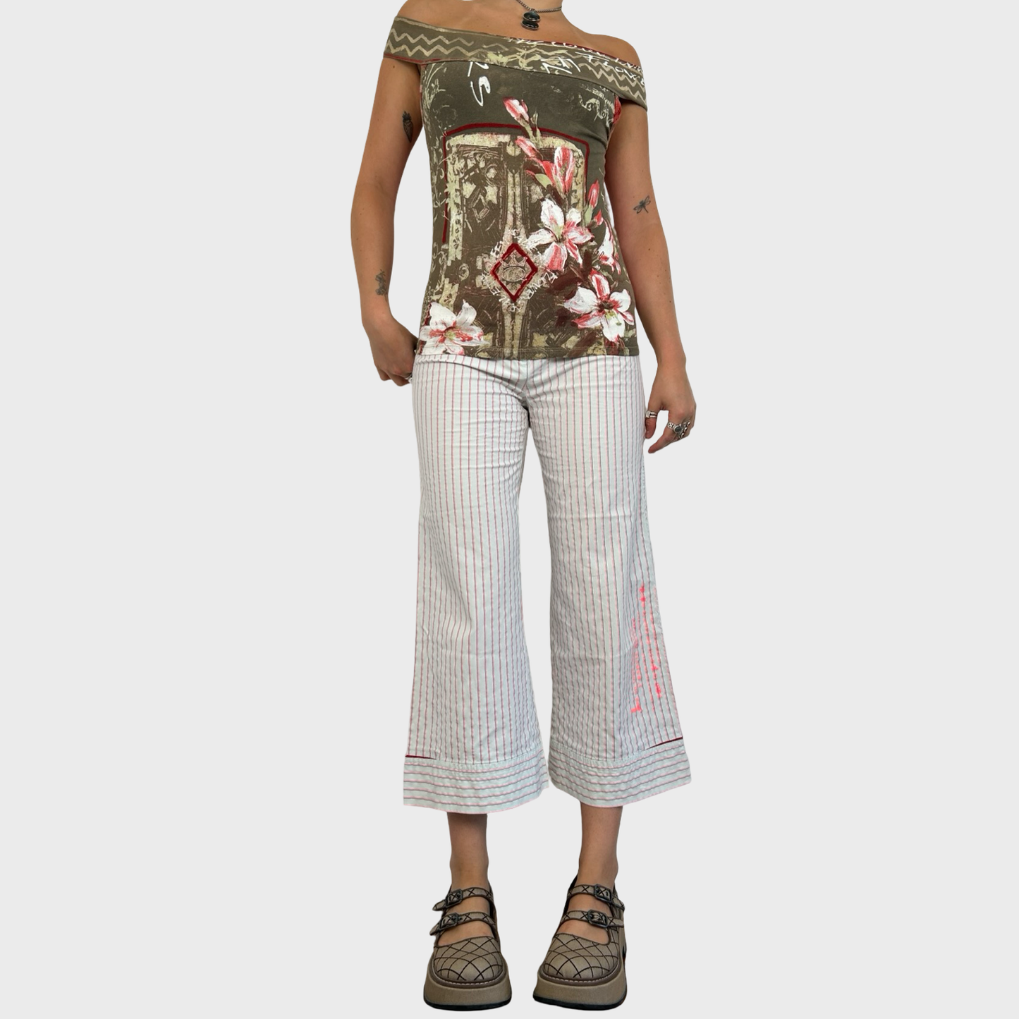 Save The Queen Off Shoulder Graphic Bi-Material Mesh Top - S/M