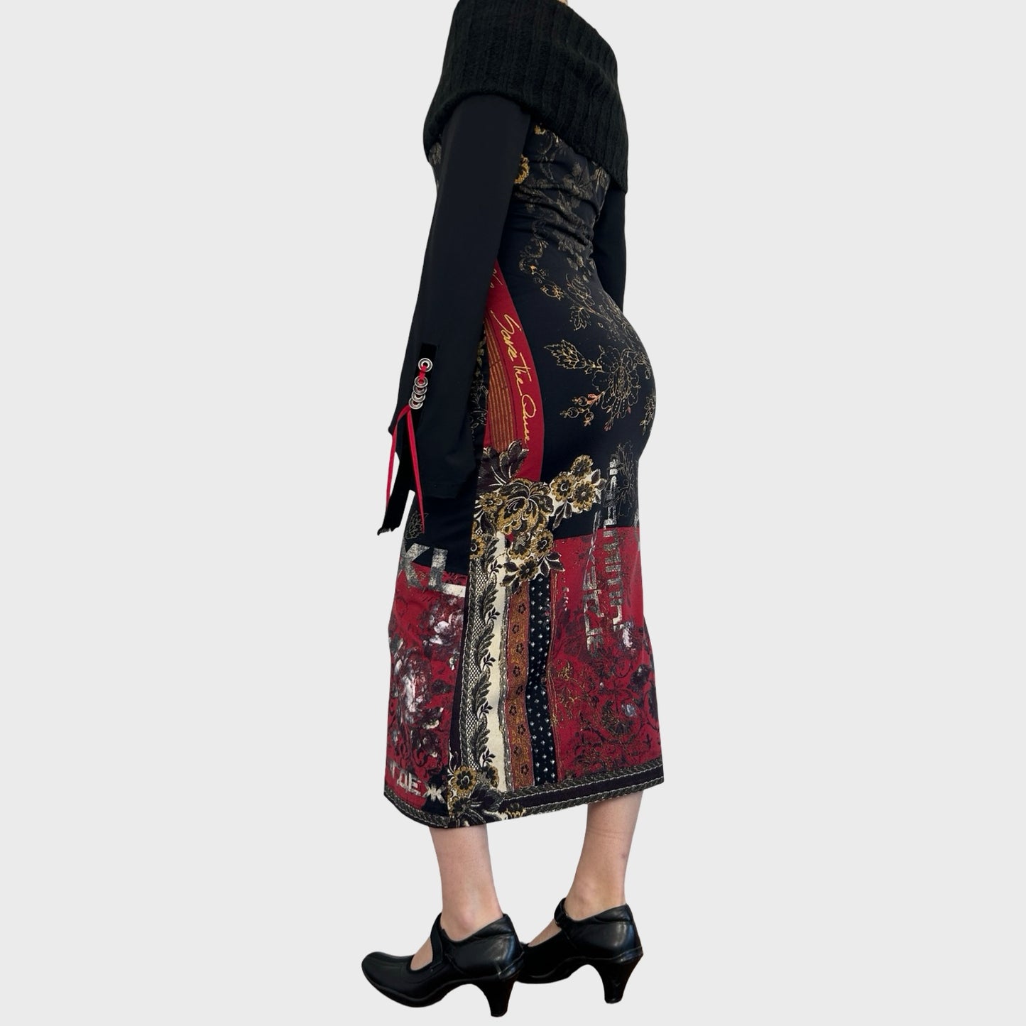 Rare 90s Archive Save The Queen Graphic Off-The-Shoulder Midi Dress - M