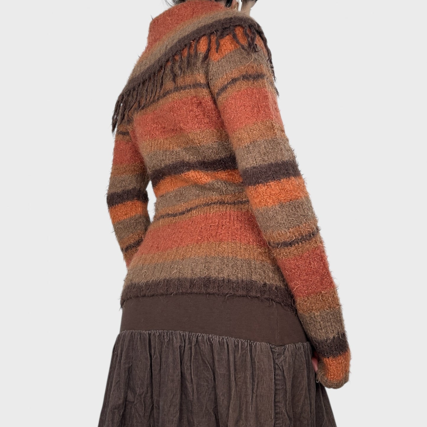 Orange Striped Wide Neck Knit Jumper - S