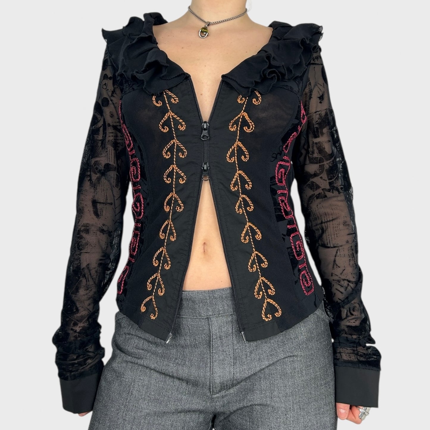 Save the Queen Double-Zip Long Sleeve Mesh Top