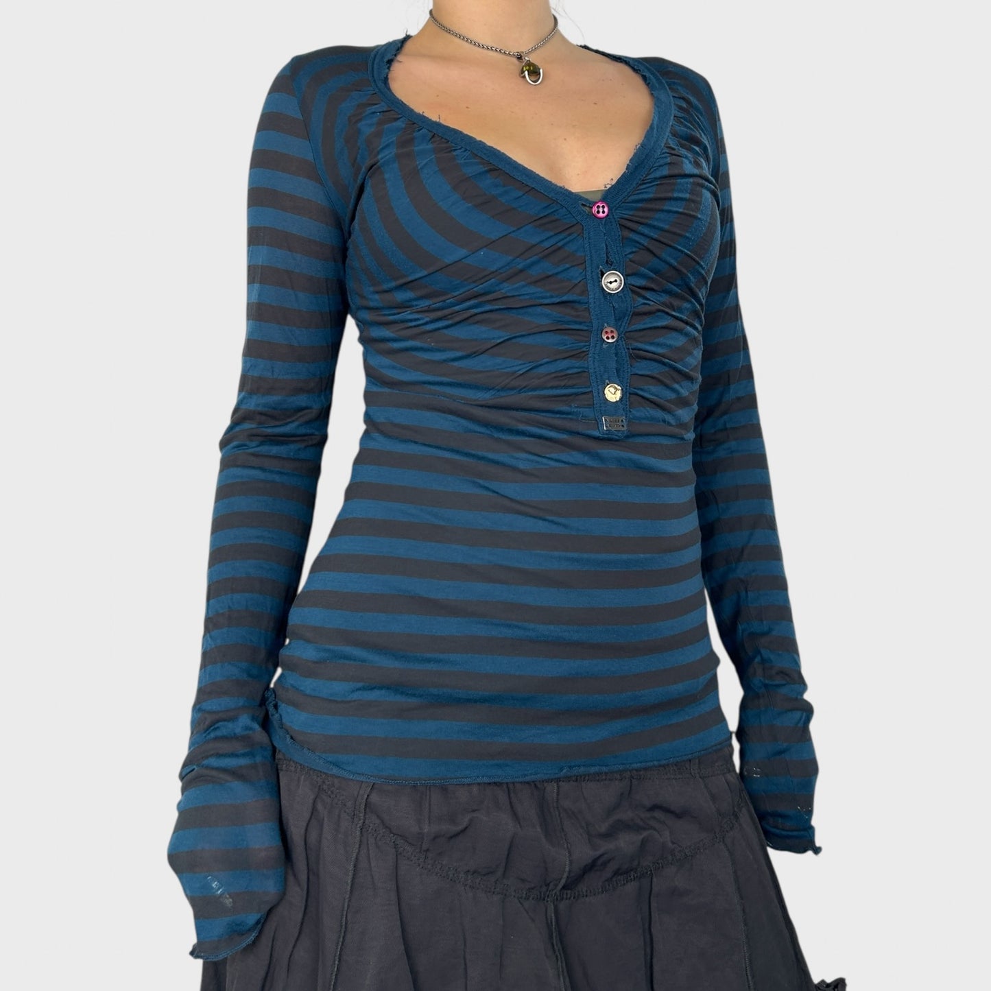Miss Sixty Striped V-Neck Long Sleeve Top - S
