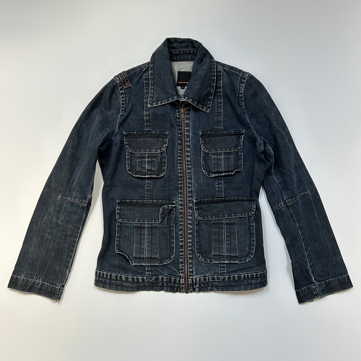 Denim Zip-Up Distressed Collared Jacket