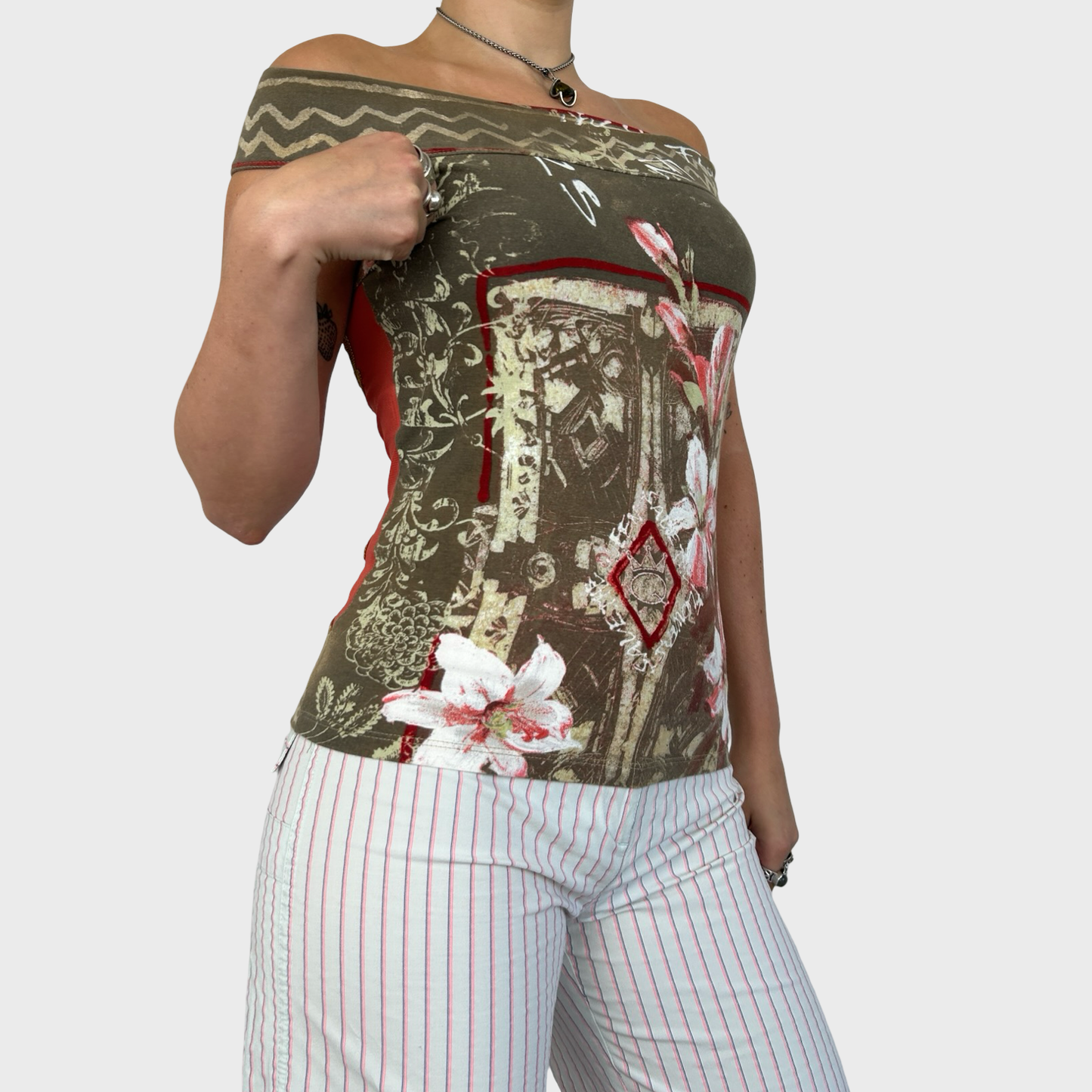 Save The Queen Off Shoulder Graphic Bi-Material Mesh Top - S/M
