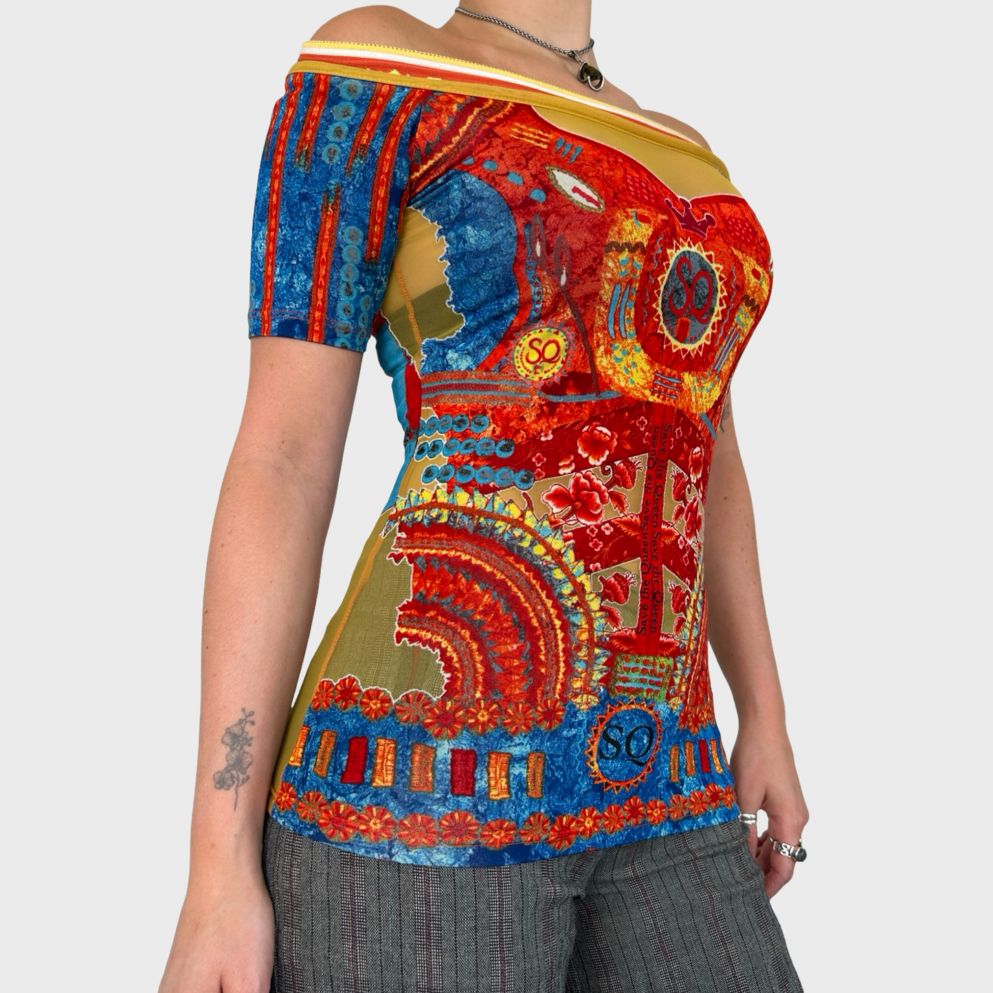 Save The Queen Graphic Off Shoulder Mesh Top - S