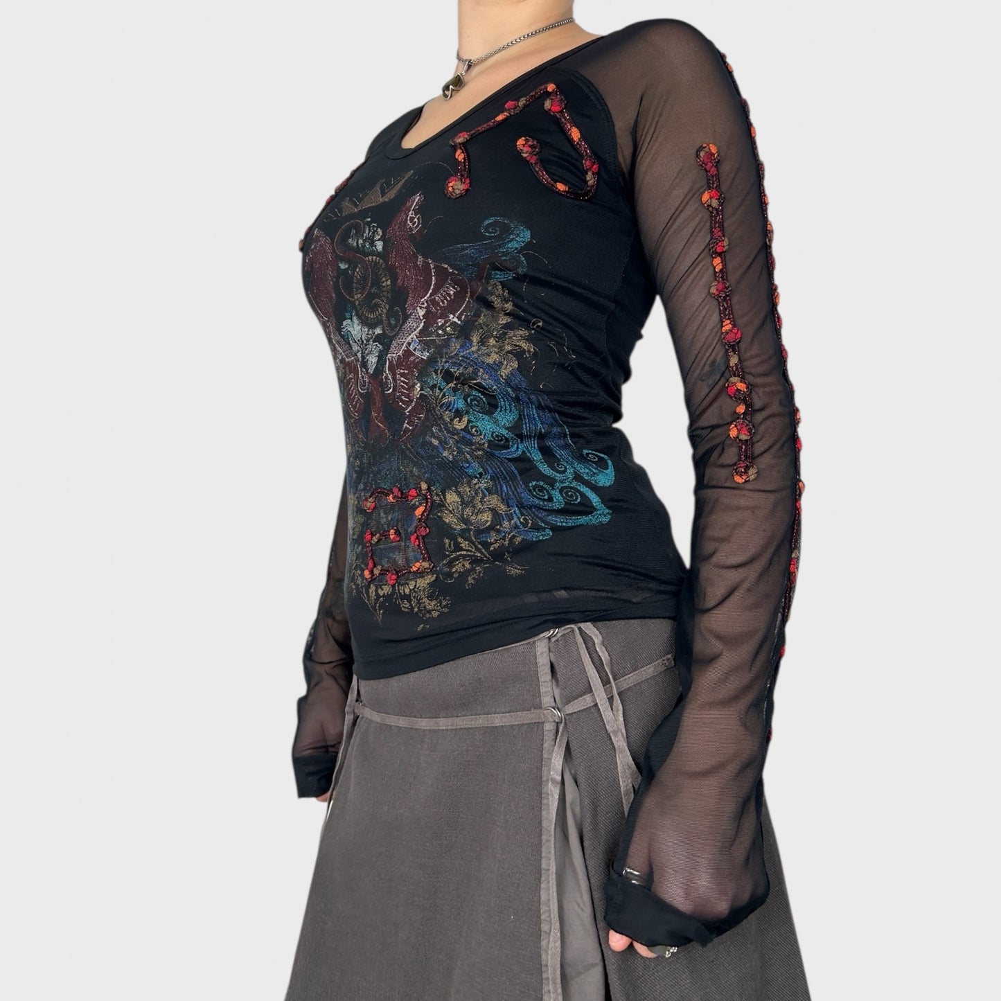 Save the Queen Black Graphic Mesh Long Sleeve Top - S