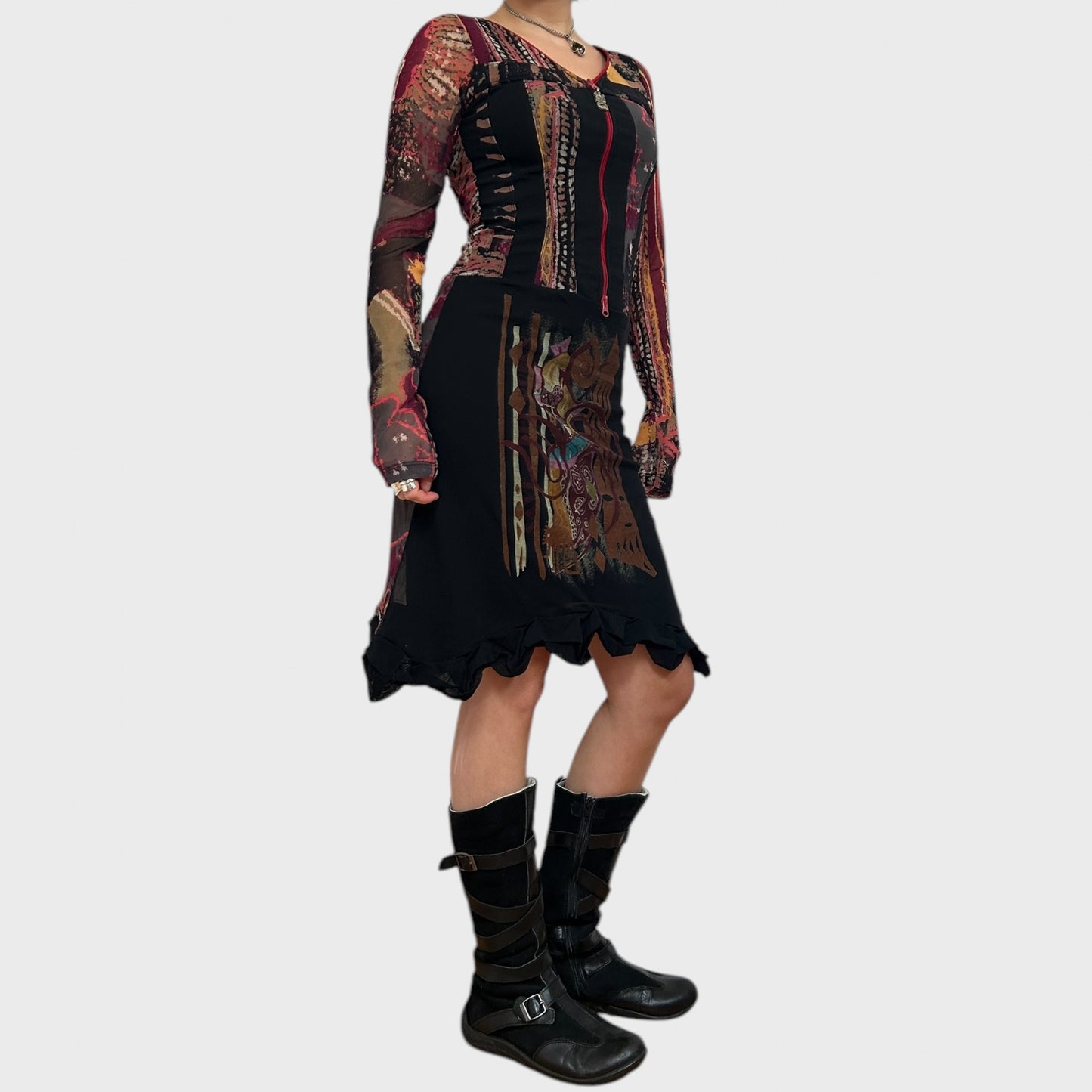 Save the Queen Graphic Print Mesh Zip-Up Dress