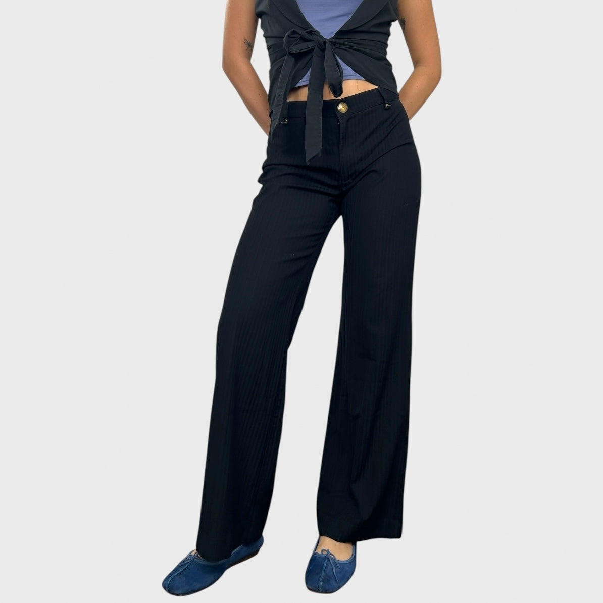 Cop Copine Black Pinstripe Wide Leg Trousers - M