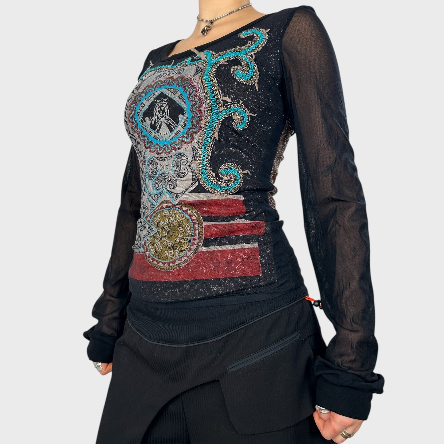 Save The Queen Graphic Mesh Long Sleeve Top - S