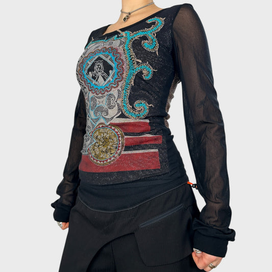 Save The Queen Graphic Mesh Long Sleeve Top - S