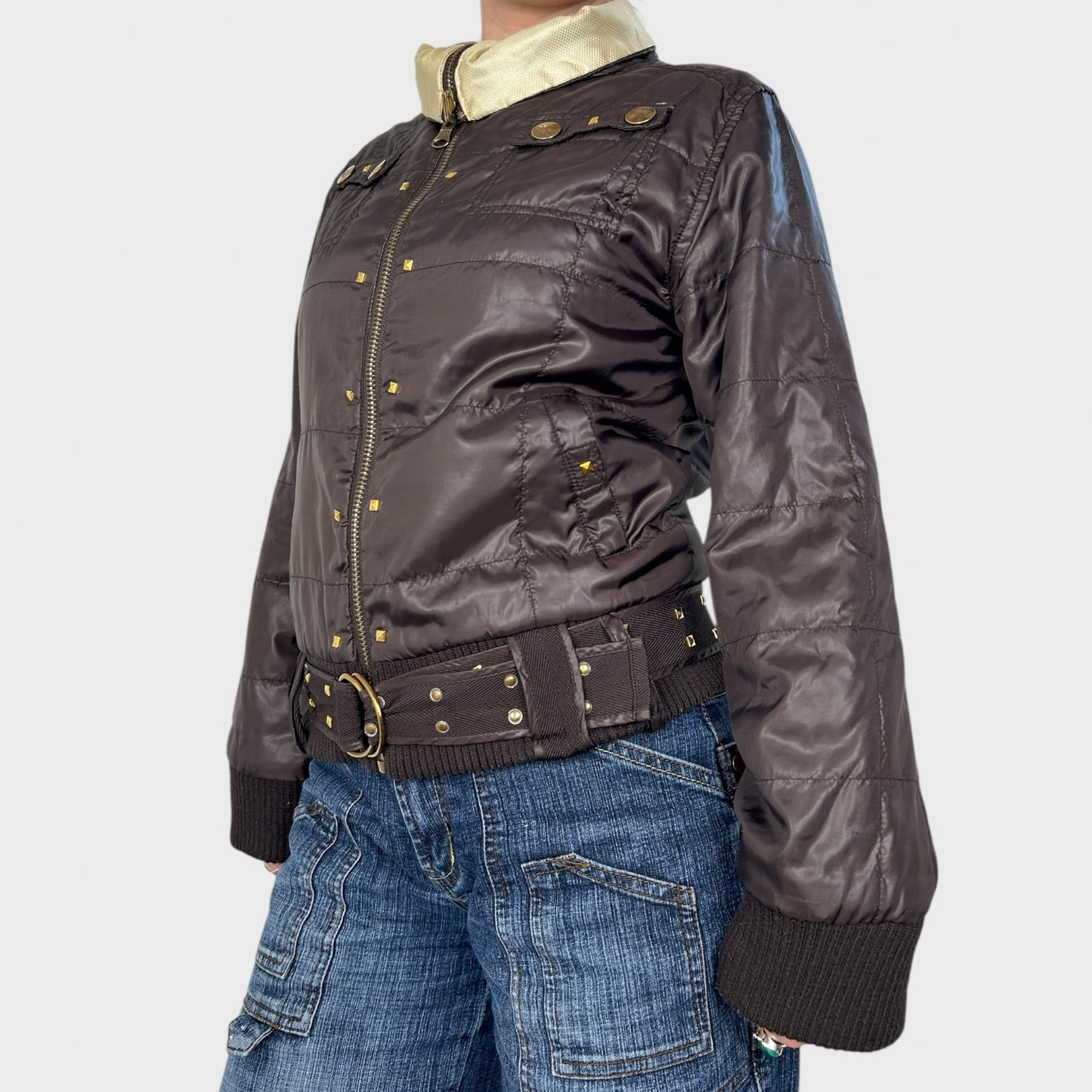 Reversible Brown & Beige Stud Bomber Jacket - S/M