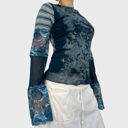 Save The Queen Graphic Mesh Long Sleeve Top - M