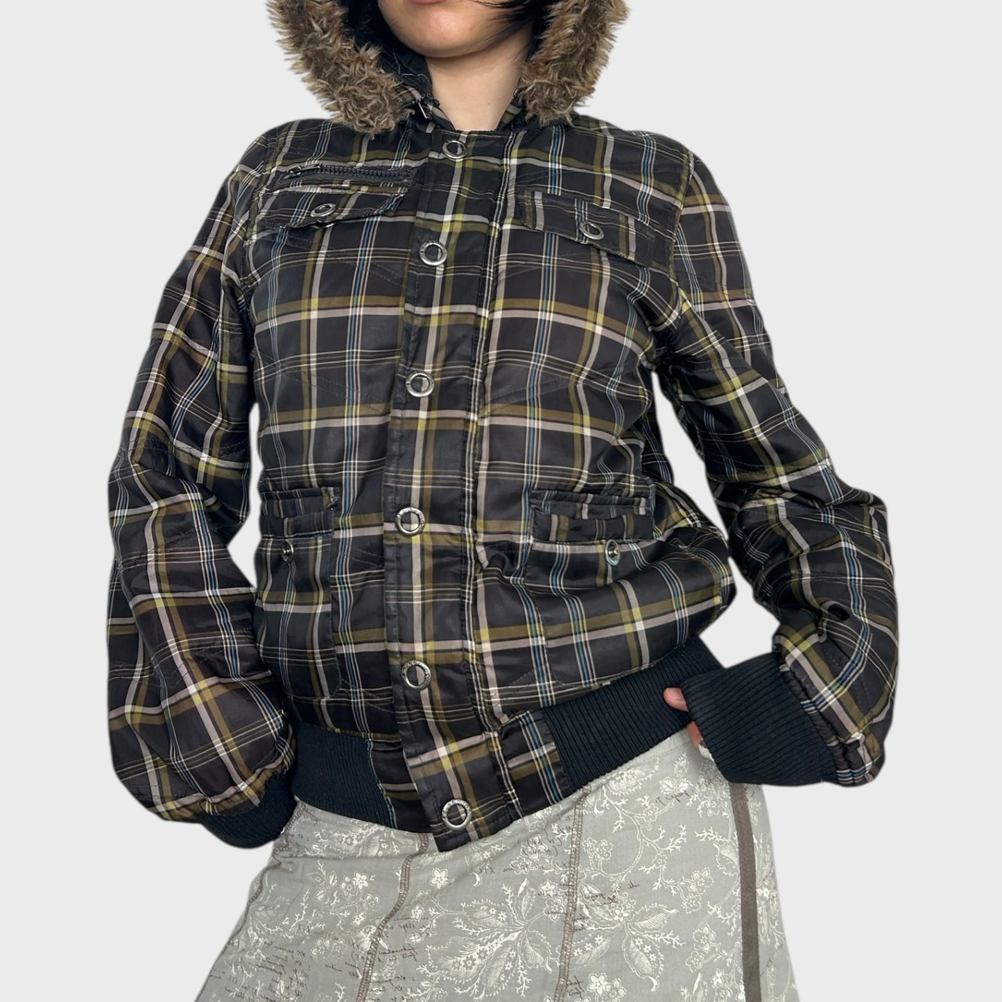 Vintage Checkered Bomber Jacket with Hood - M