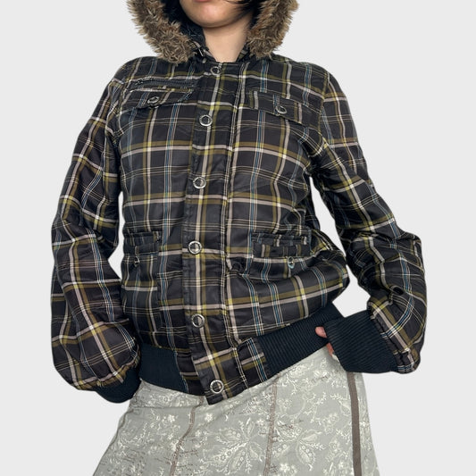 Vintage Checkered Bomber Jacket with Hood - M