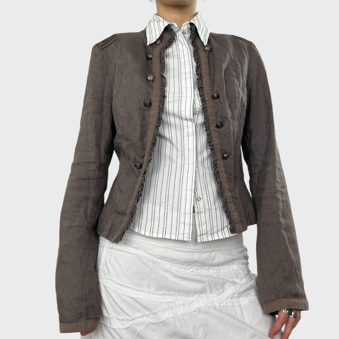 Brown High Neck Linen Jacket - S/M