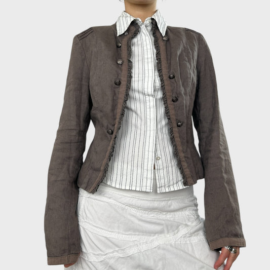 Brown High Neck Linen Jacket - S/M