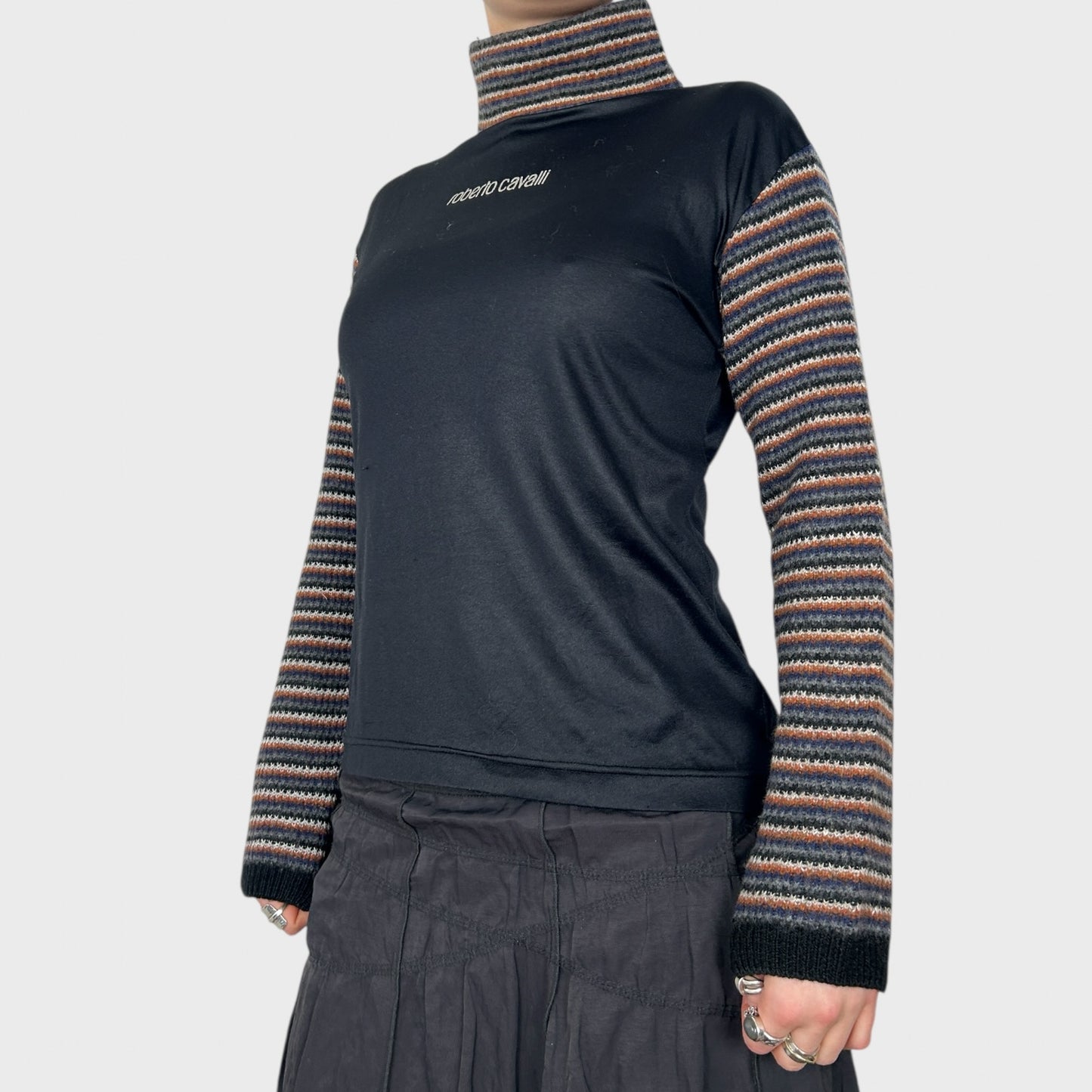 Roberto Cavalli Bi-Material Roll Neck Knit Top - M