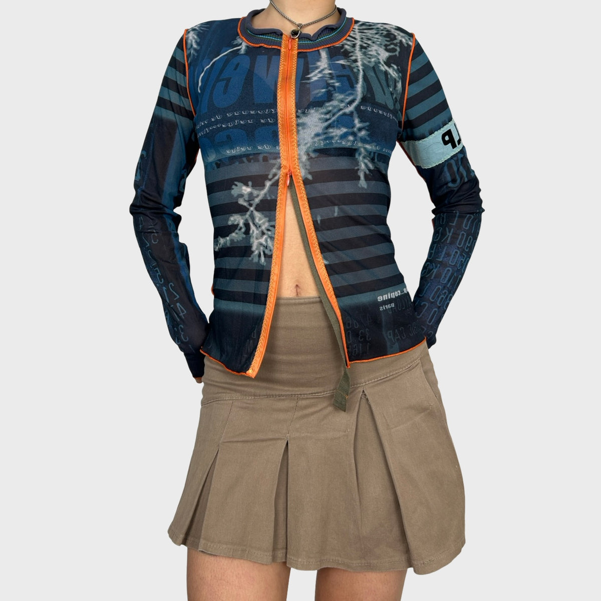 Cop Copine Graphic Mesh Double Zip Long Sleeve Top - M