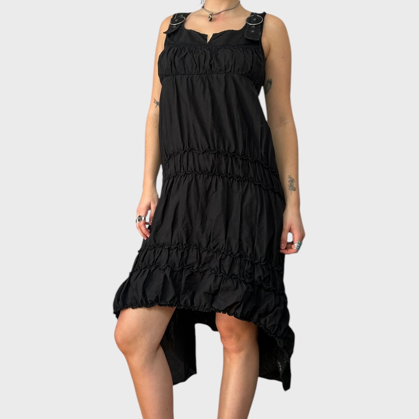 Cop Copine Black Archival Ruched Asymmetric Hem Midi Dress