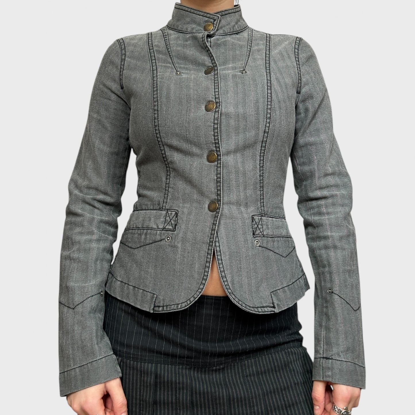Vintage Grey Fitted Button High Neck Jacket