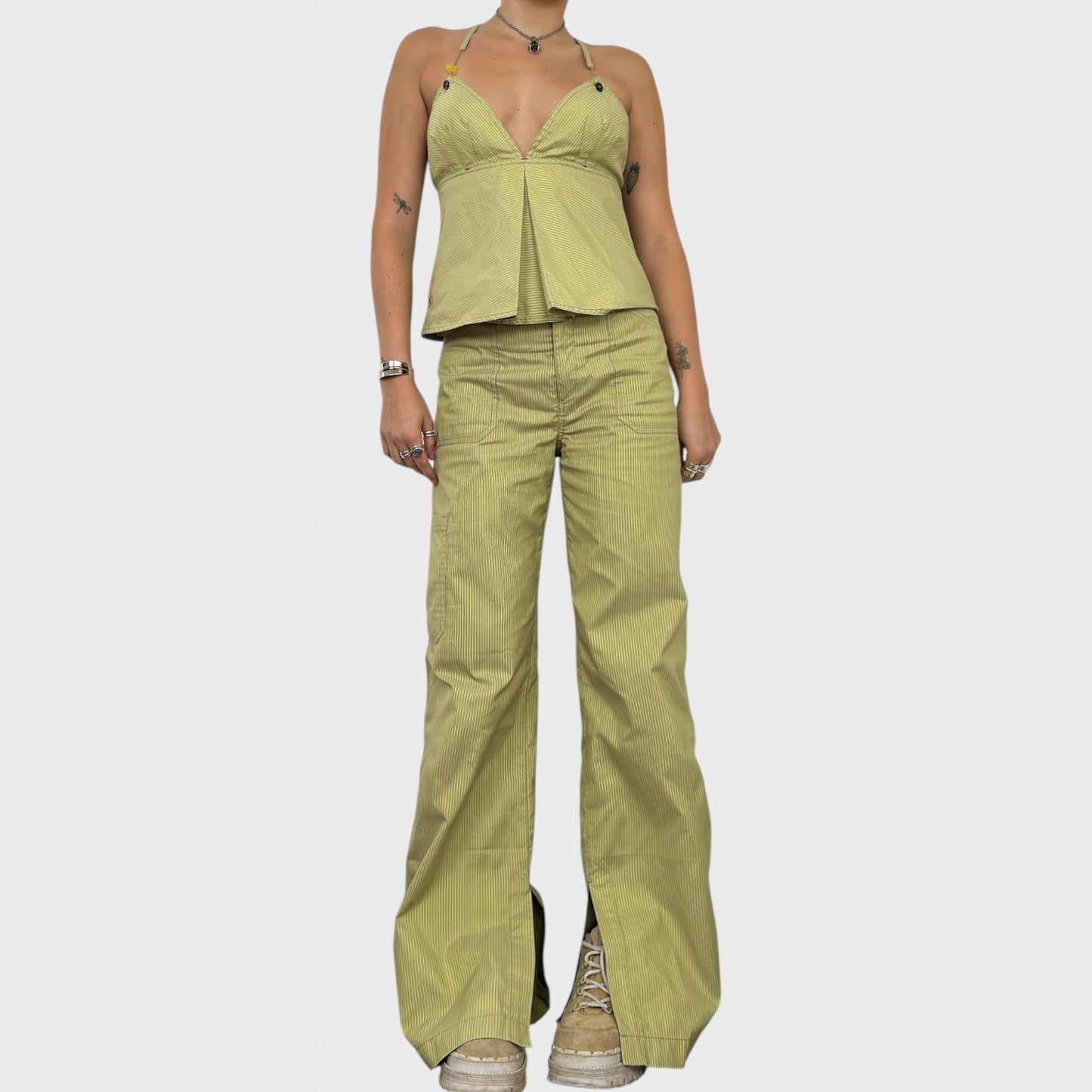Cop Copine Green Striped Wide Leg Logo Trousers - M/L