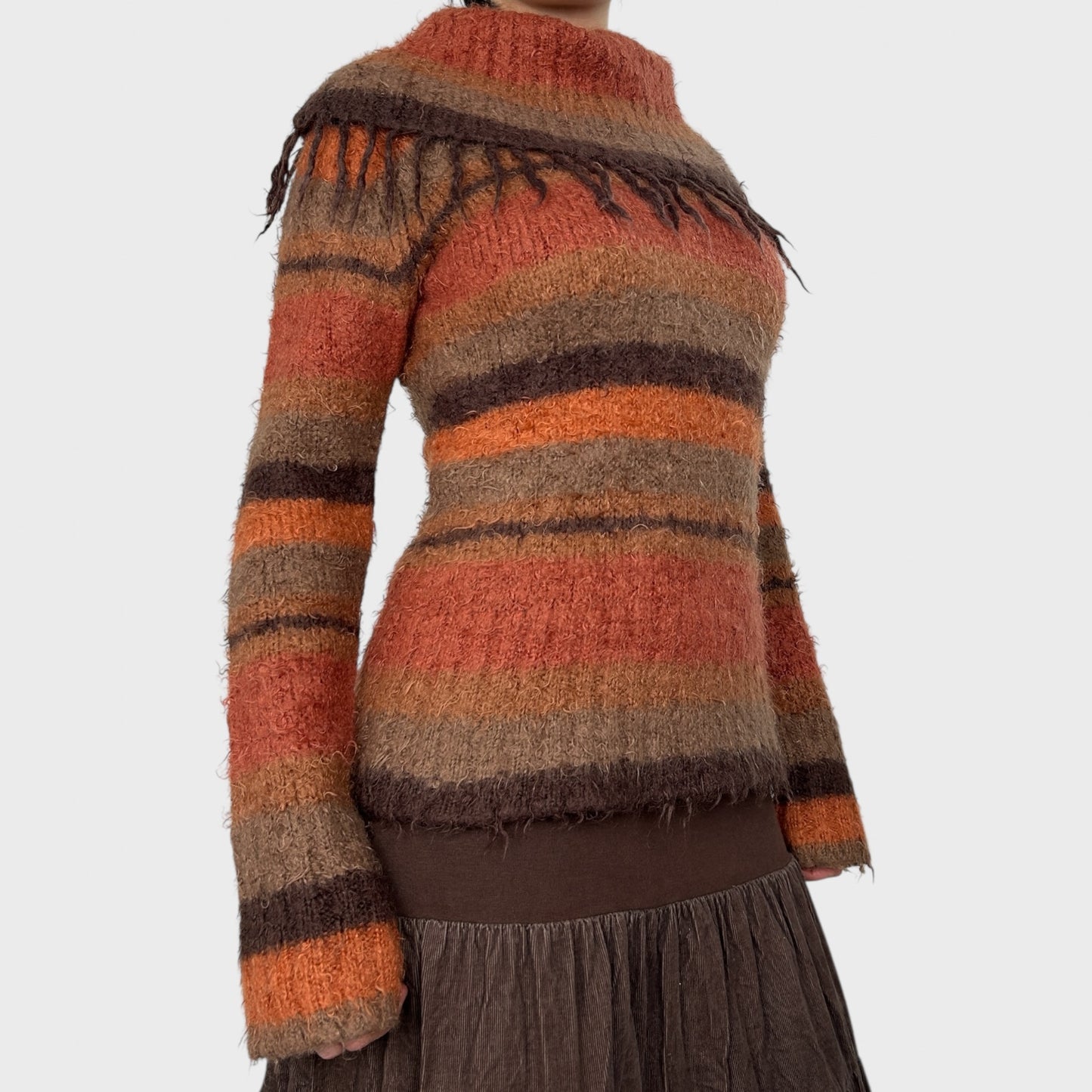 Orange Striped Wide Neck Knit Jumper - S