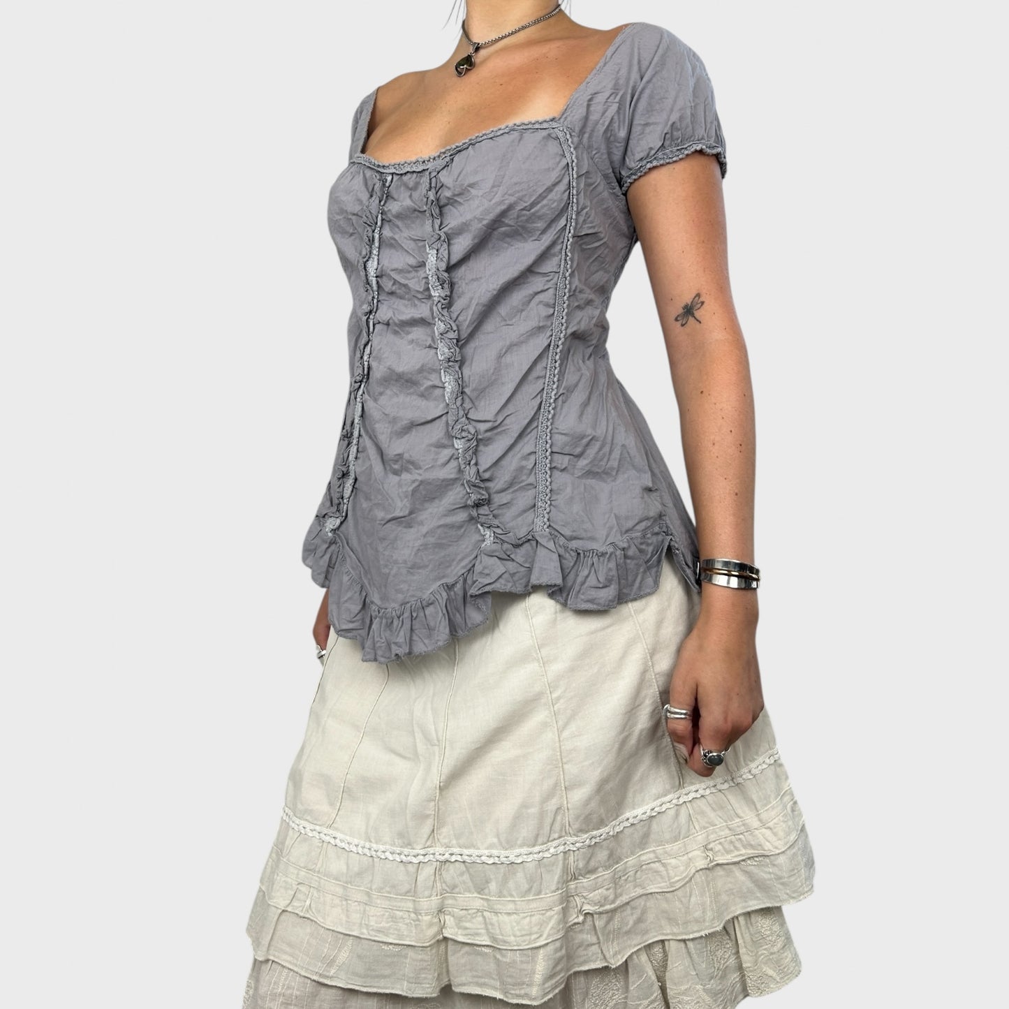 Grey Frilly Boho Bardot Top - M/L