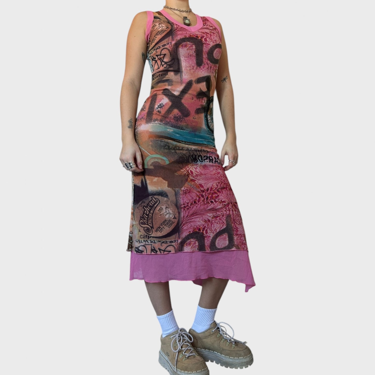 Pink Graphic Vintage Mesh Midi Dress