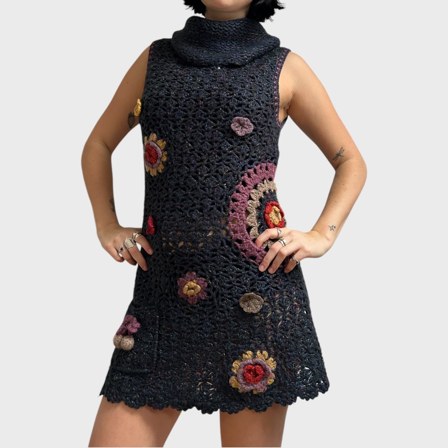Vintage Chunky Knit Floral Crochet Mini Dress