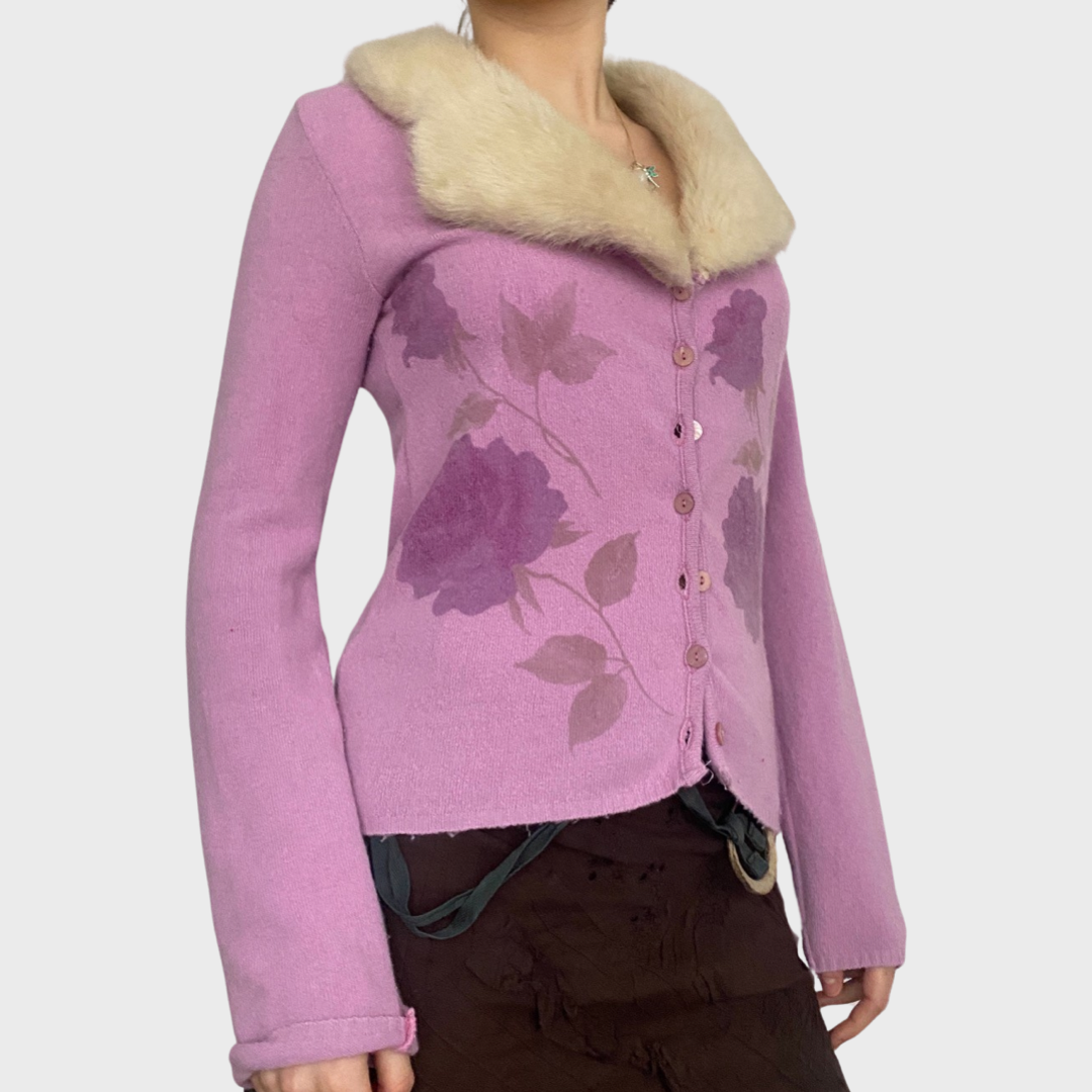 Italian vintage lilac fur trim cardigan