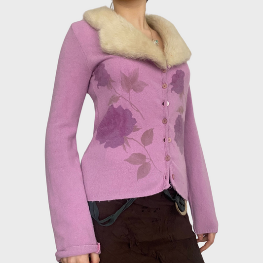 Italian vintage lilac fur trim cardigan