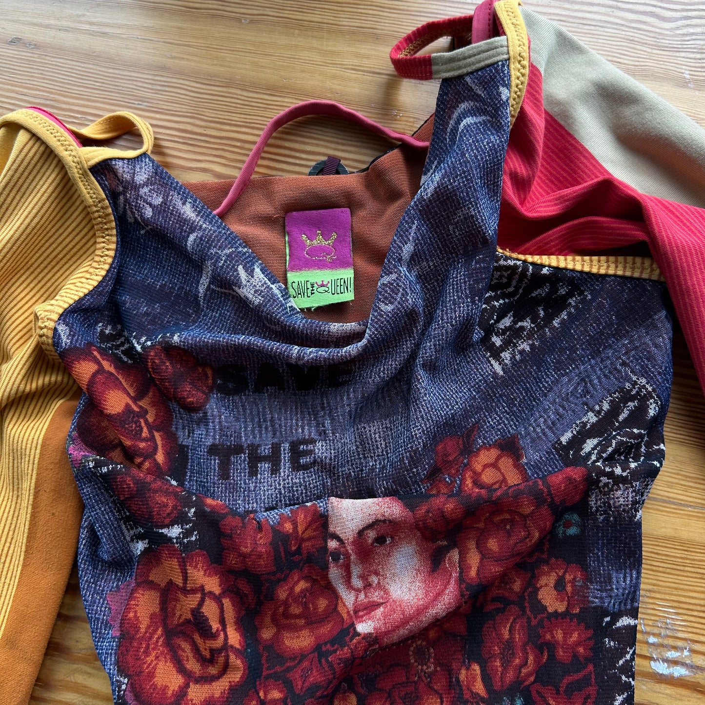Save the Queen Graphic Face Print Mesh Top - S/M