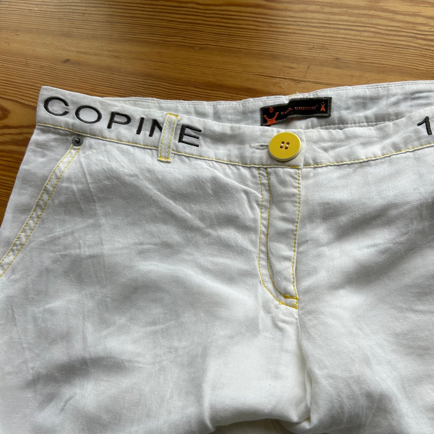 Cop Copine White & Yellow Wide Leg Linen Trousers - L