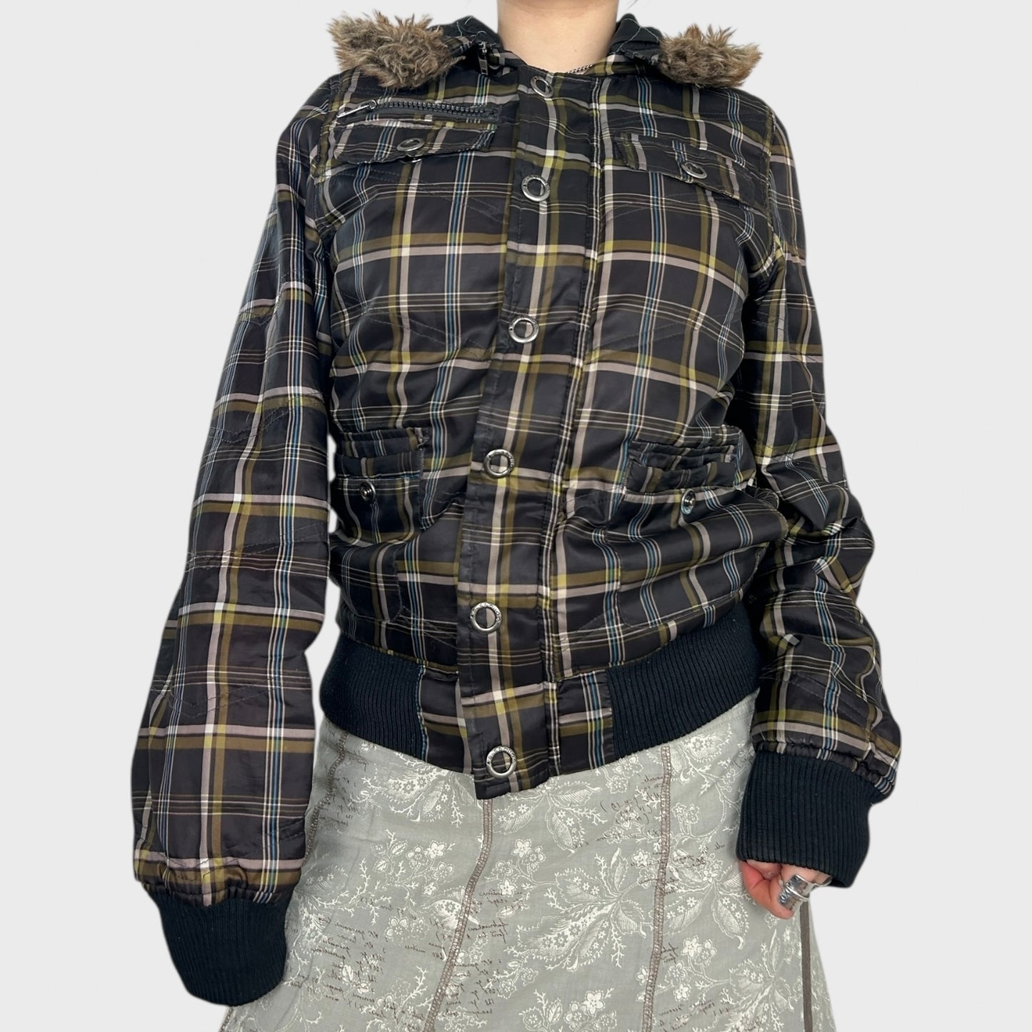 Vintage Checkered Bomber Jacket with Hood - M