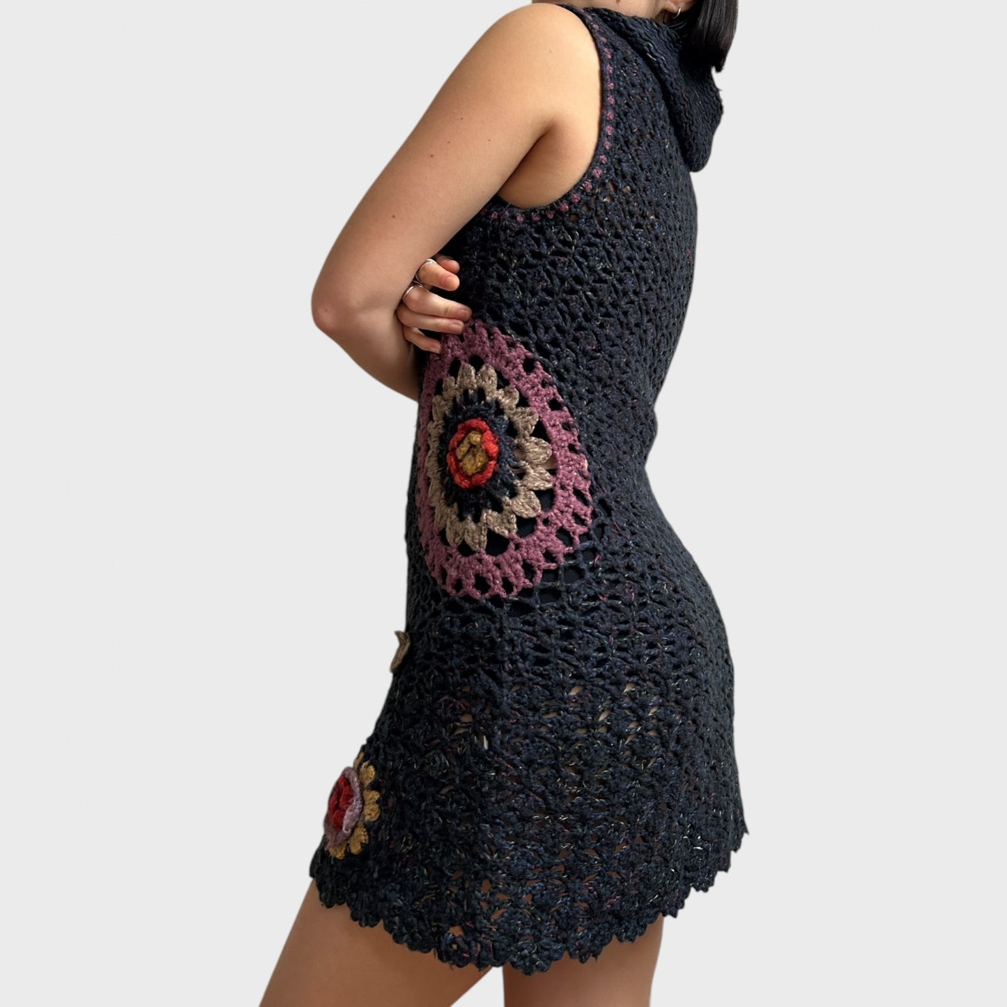 Vintage Chunky Knit Floral Crochet Mini Dress