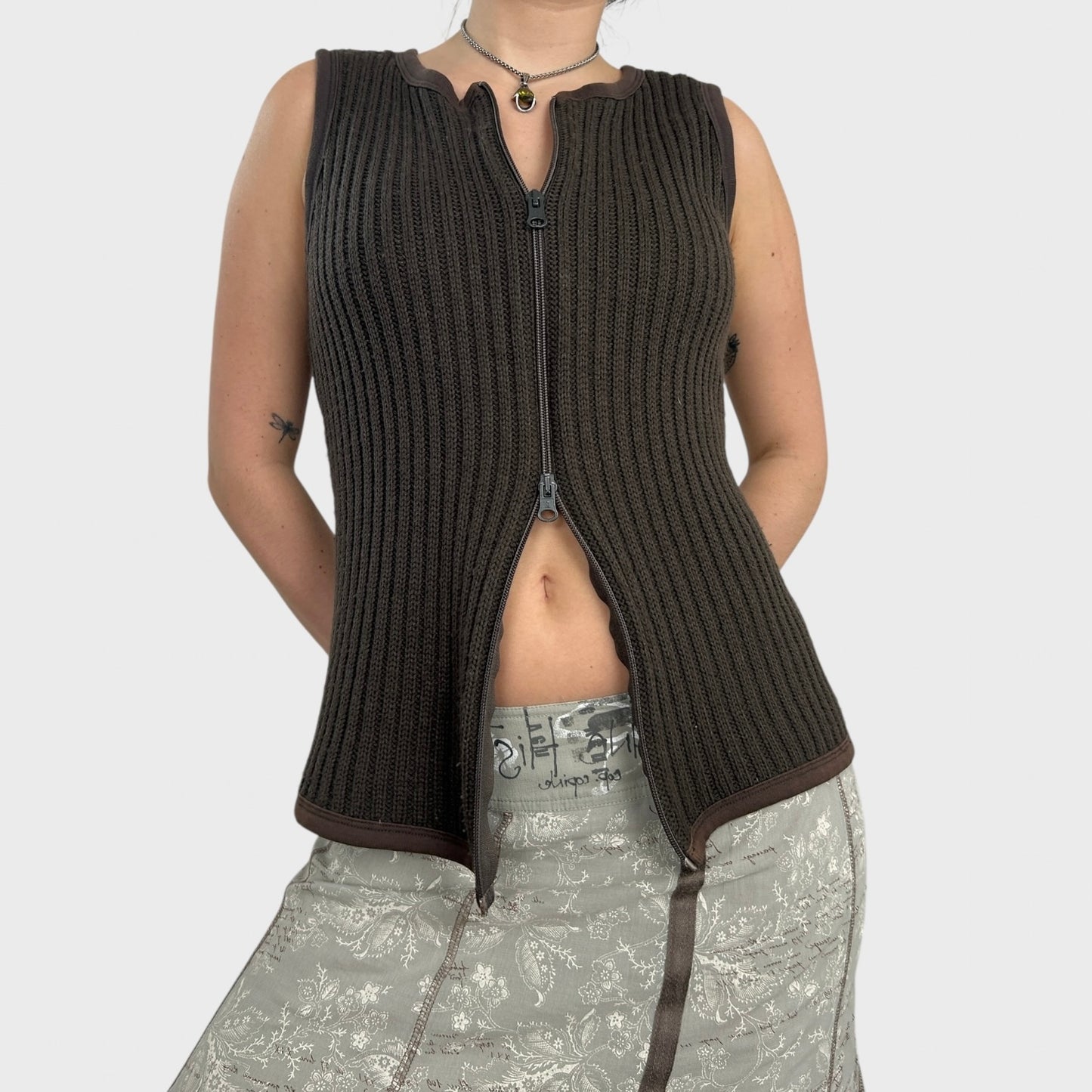 Cop Copine Brown Sleeveless Double Zip Jumper - M/L