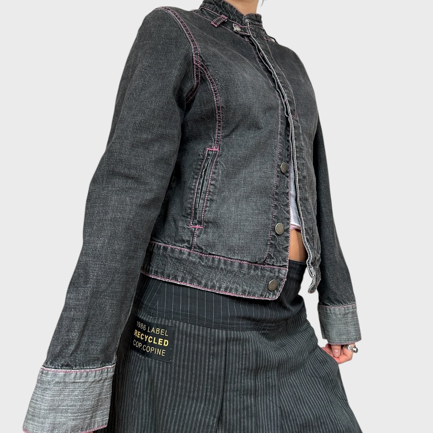 Dark Grey High Neck Denim Jacket