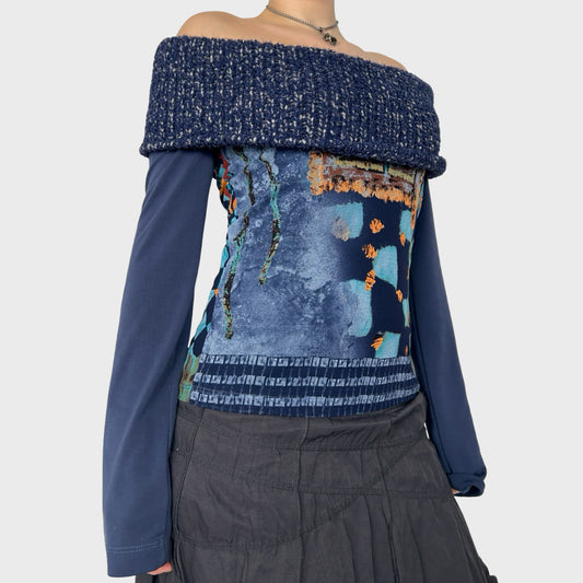 Save the Queen Graphic Mesh Off-the-Shoulder Top - M