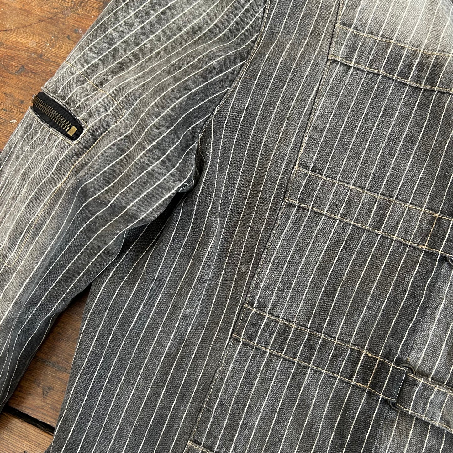 Vintage Grey Faded Striped Denim Jacket - M
